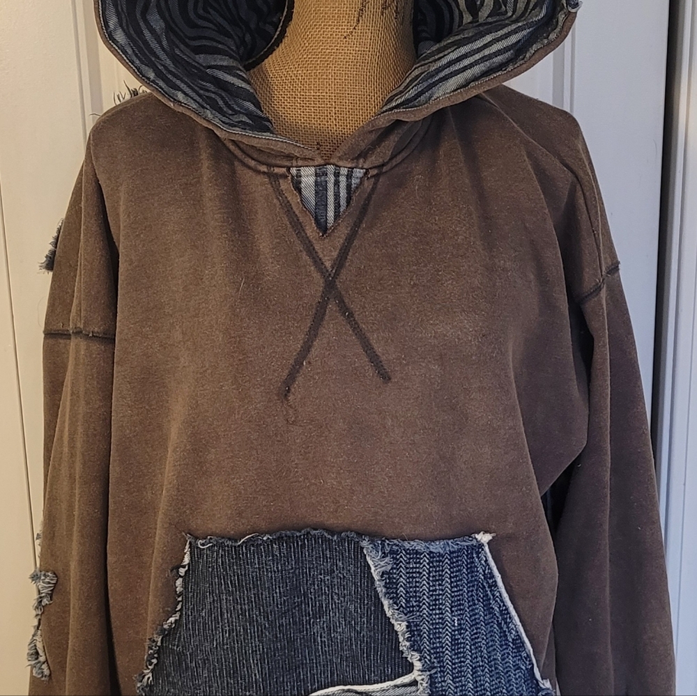 OLI & HALI Hoodie w/Denim Star Patchwork, EUC, S(Overszd), Cute+Comfy🤎🩶💙 - Picture 5 of 16